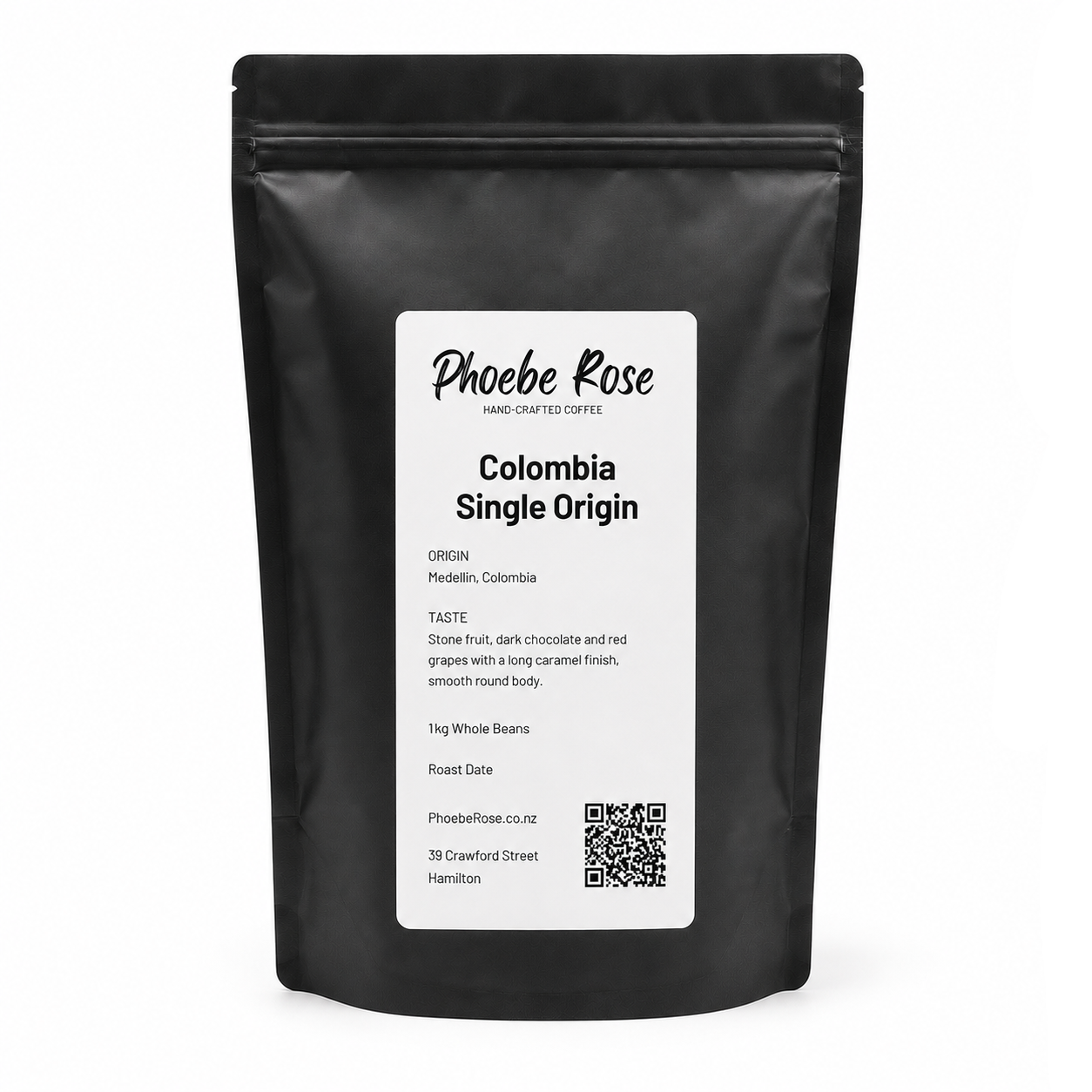 A black stand-up pouch of Phoebe Rose Colombia Single Origin coffee beans with a white label, photographed on a clean white background.