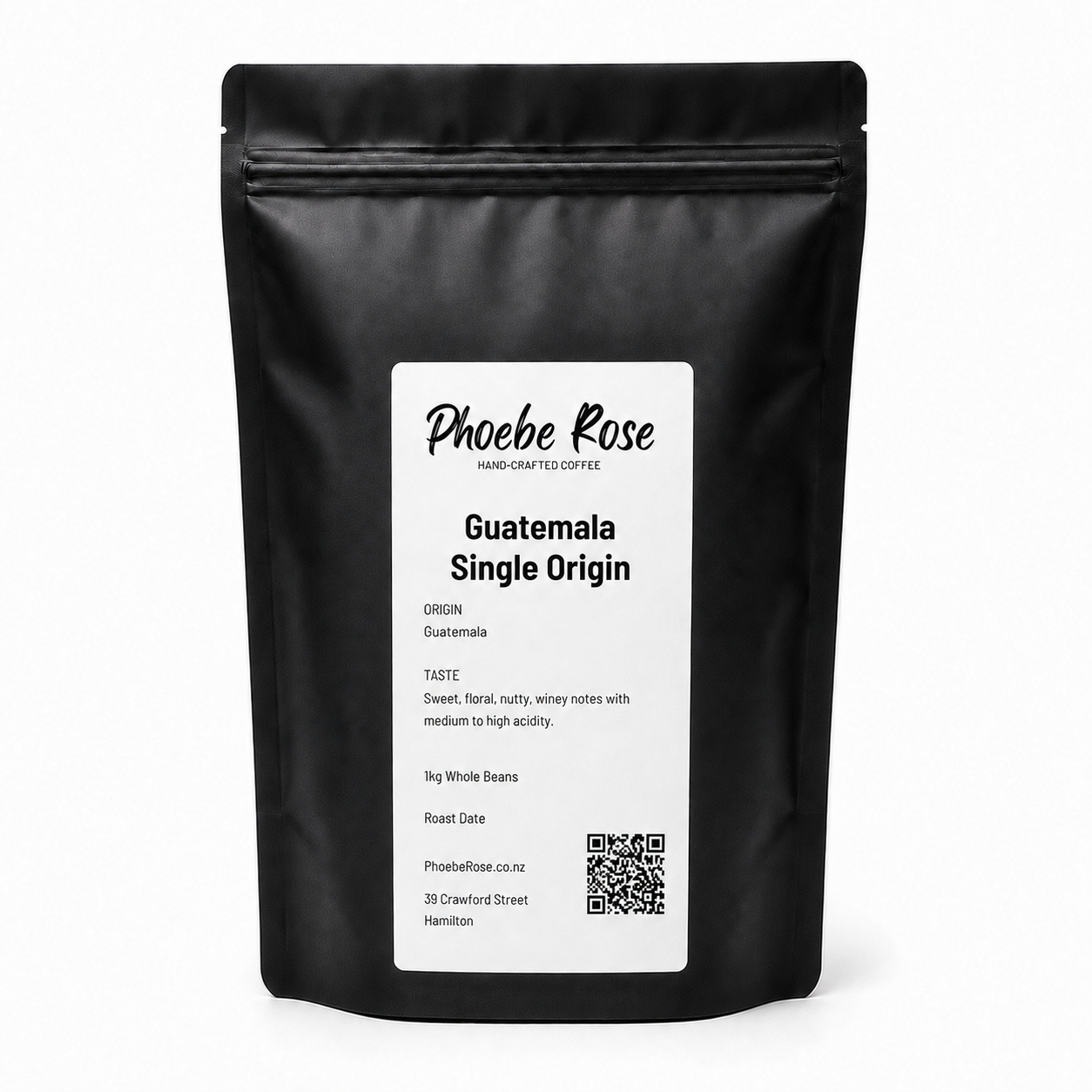 A black stand-up coffee bag with a white front label reading Phoebe Rose Guatemala Single Origin, photographed on a clean white background.