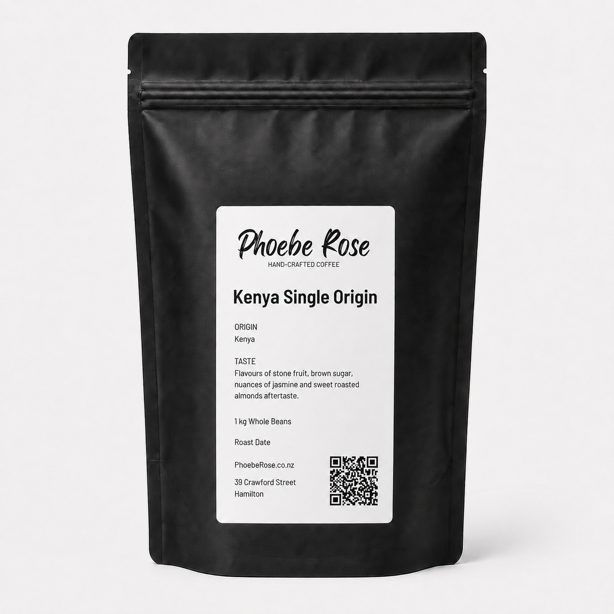 A black stand-up coffee pouch with a white label reading 'Phoebe Rose' and 'Kenya Single Origin' on a light gray background.