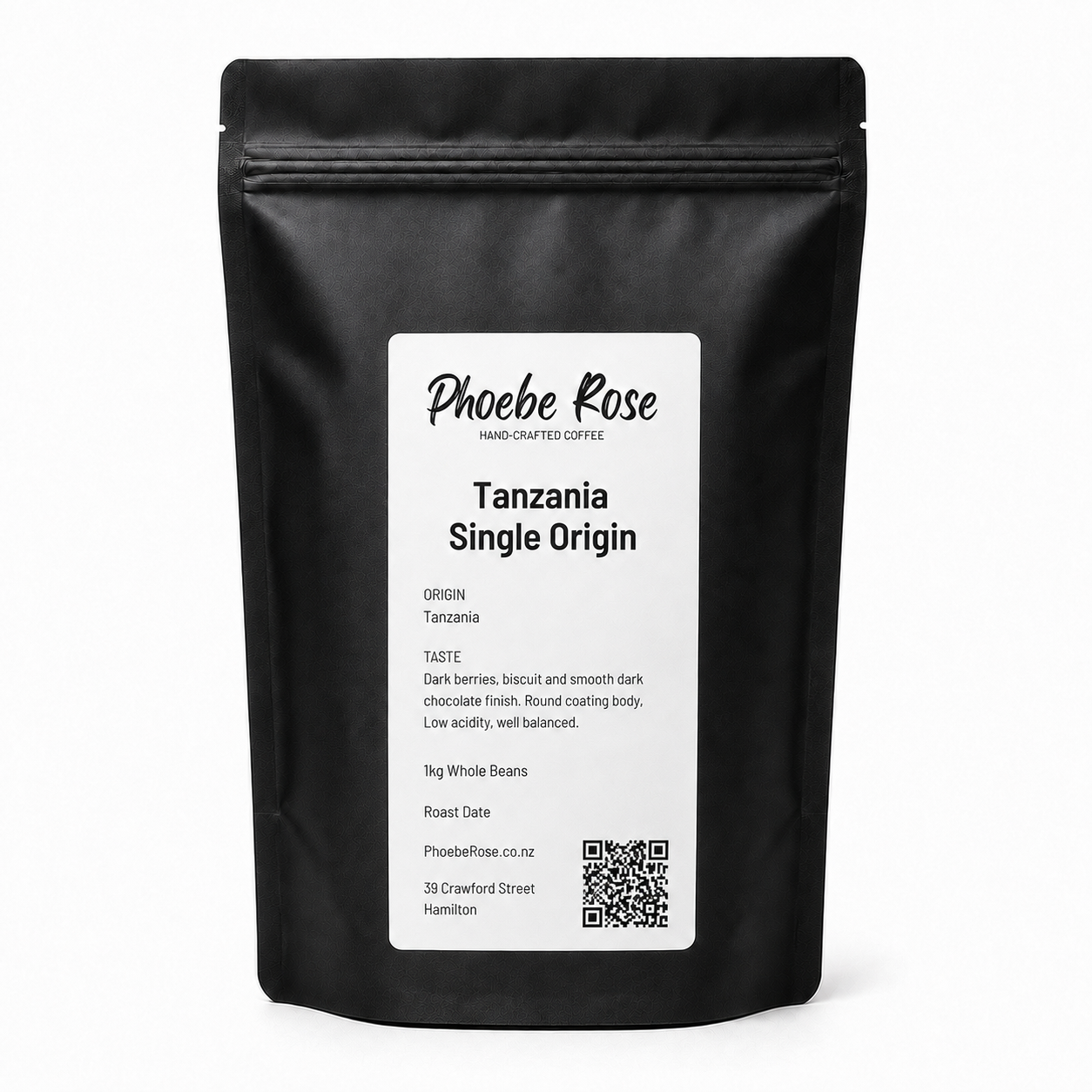 A black stand-up coffee pouch with a white label reading Phoebe Rose Tanzania Single Origin, photographed on a clean white background.